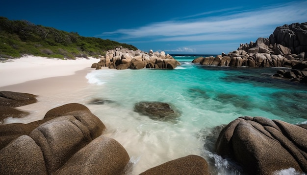 Бесплатное фото Красота природы, отражающаяся в спокойных водах, скалах и песчаной береговой линии, созданной искусственным интеллектом