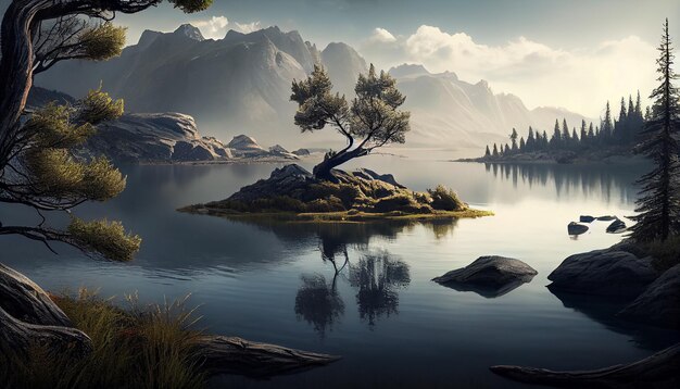 静かな山の湖に映る自然の美しさ ジェネレーティブ AI