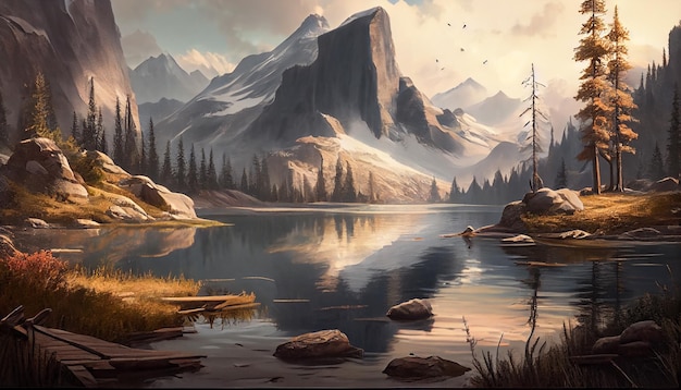 Nature Beauty Reflected in Tranquil Mountain Pond – Generative AI