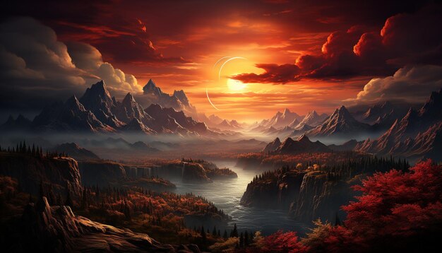 Nature beauty sunset sky mountain landscape autumn forest tranquil meadow generated by artificial intelligence