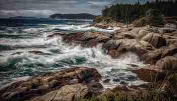 Free photo nature beauty wave splashing on rocky coastline tranquil seascape at dusk generated by artificial intelligence