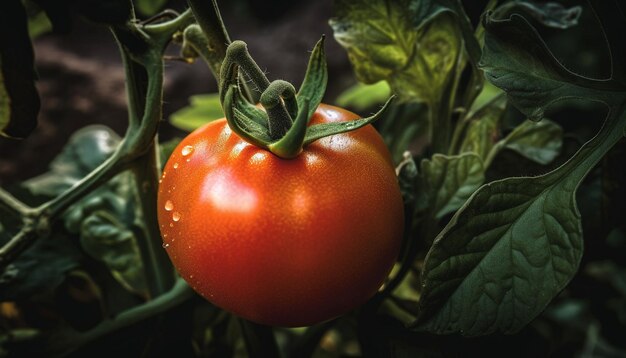自然の収穫 AI によって生成された葉の上の完熟トマトのドロップ