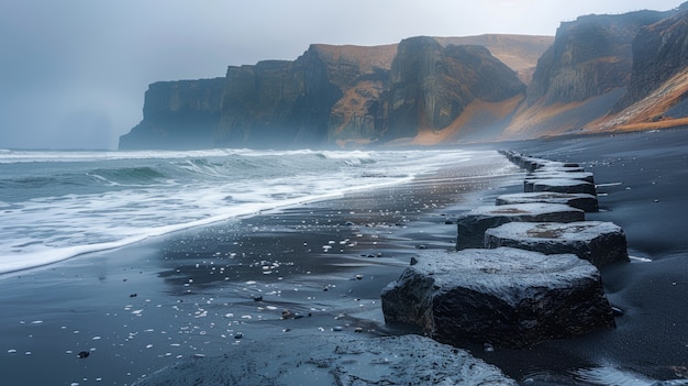 Nature landscape with black sand on beach