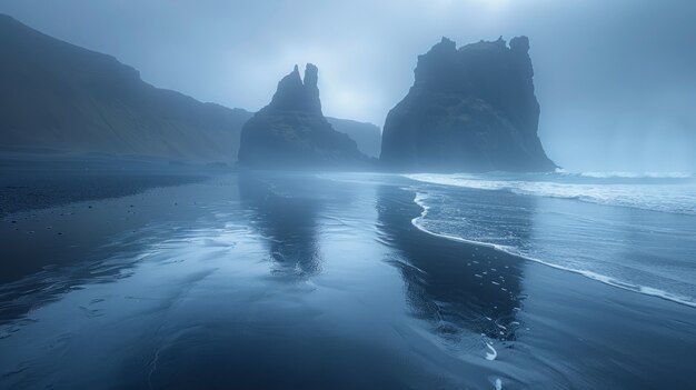 Nature landscape with black sand on beach