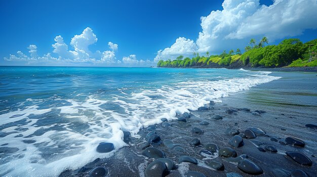 해변 에 검은 모래 가 있는 자연 풍경