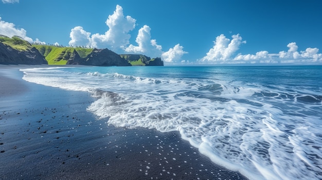 Природный пейзаж с черным песком на пляже