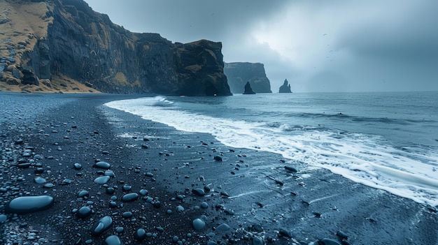 Nature landscape with black sand on beach