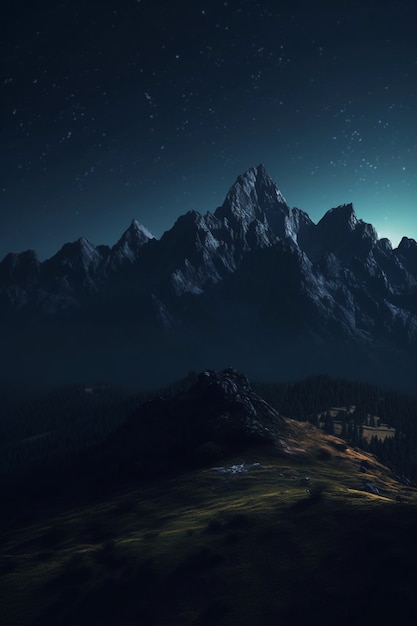 Paesaggio naturale con montagne e cielo notturno stellato