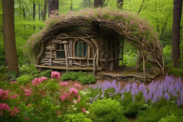 Бесплатное фото Природный ландшафт с растительностью и домом в стиле хижины