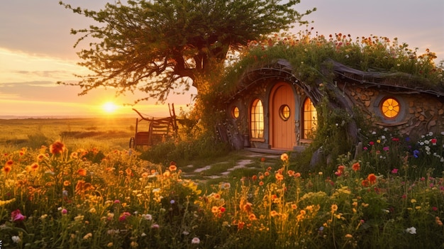 無料写真 植生と小屋スタイルの家のある自然の風景