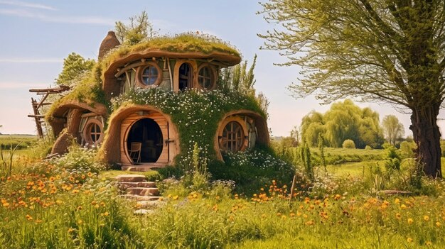 Nature landscape with vegetation and hut style house