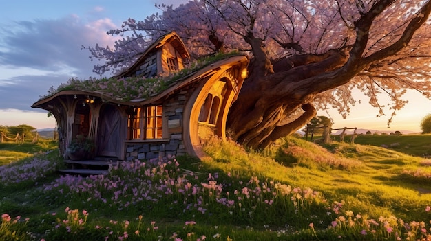 초목과 오두막 스타일의 집이 있는 자연 풍경