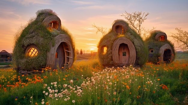 植生と小屋スタイルの家のある自然の風景