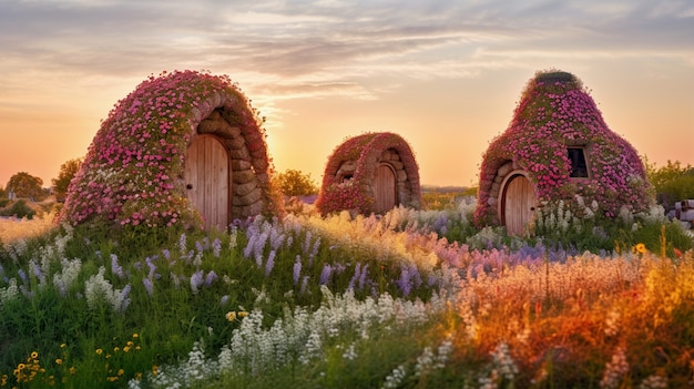 Nature landscape with vegetation and hut style house