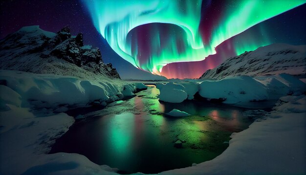 Nature majestic winter landscape illuminated by aurora generative AI