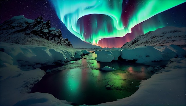 Nature majestic winter landscape illuminated by aurora generative AI