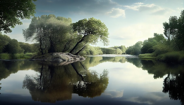 Nature tranquility forest water and reflection generated by AI