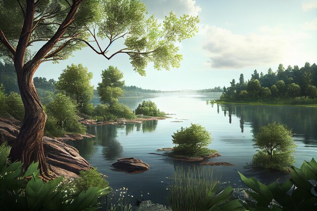 Natures Beauty Спокойный лес с искусственным интеллектом, создающим озеро