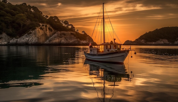 Free photo nautical vessel sails at dusk reflecting tranquil sunset on water generated by artificial intelligence