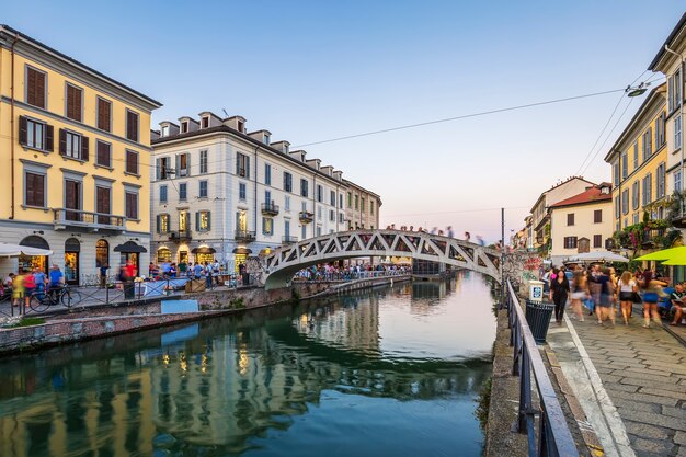 Naviglio Grande canal in the evening, Milan, Italy