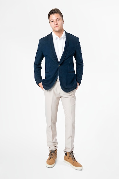 Navy blue men's blazer business wear fashion full body