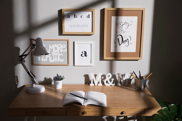 Neat and organised workspace with lamp on the desk