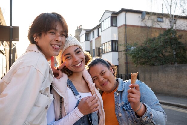 Neighborhood life enjoyed by group of friends