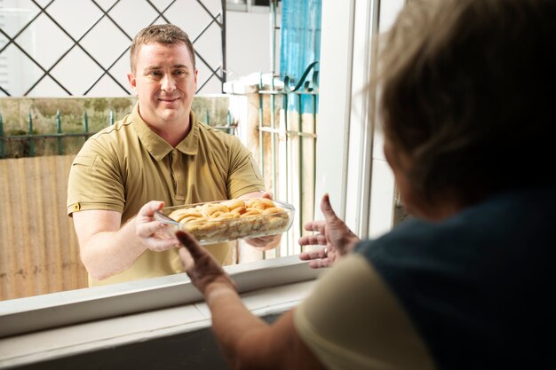 Neighbors sharing delicious pie