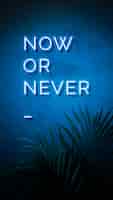 Free photo neon blue now or never sign on a wall