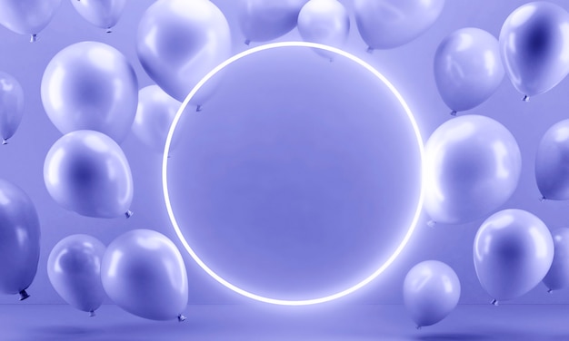 Neon frame surrounded by balloons in the color of the year 2022