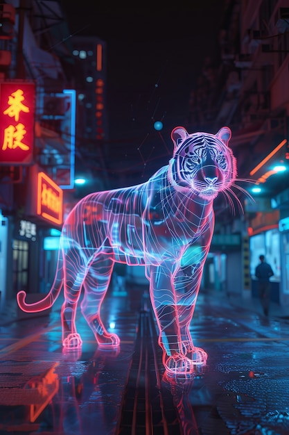 Foto gratuita ologramma al neon di una tigre