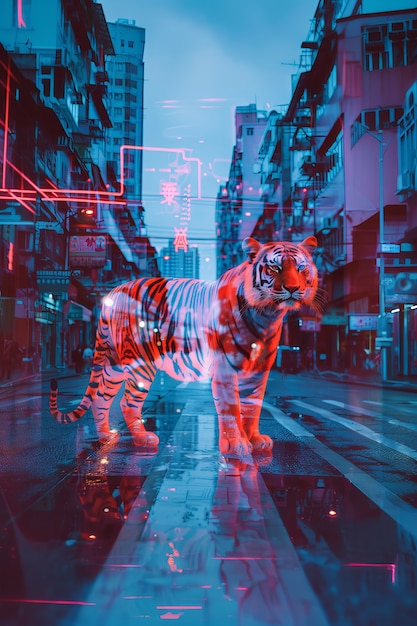 Free photo neon hologram of tiger