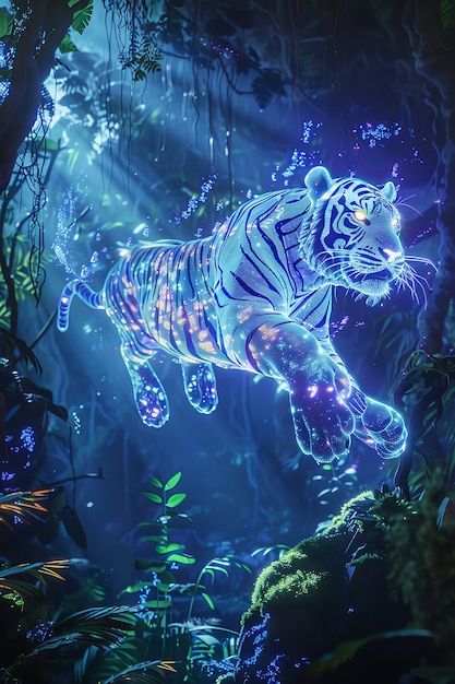 Free photo neon hologram of tiger