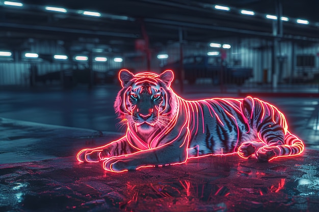 Foto gratuita ologramma al neon di una tigre