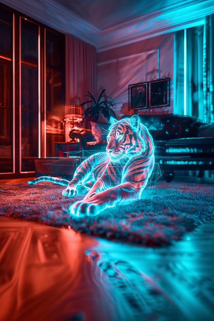 Free photo neon hologram of tiger