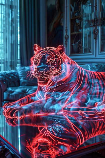 Free photo neon hologram of tiger