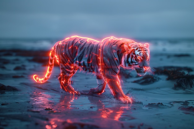 Free photo neon hologram of tiger