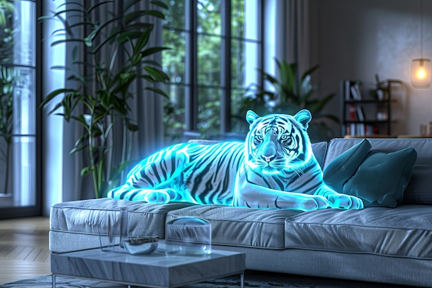 Free photo neon hologram of tiger