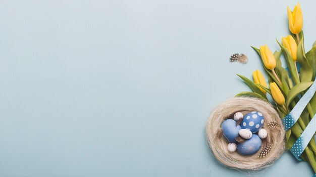 Nest with colored eggs near tulips