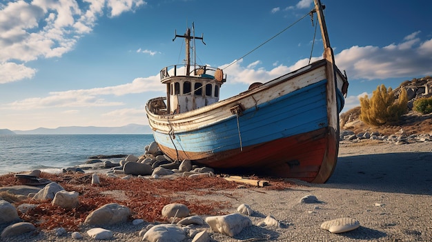 Foto gratuita nido lungo la spiaggia cipriota un'antica nave il suo metallo corrodto dal tempo risiede