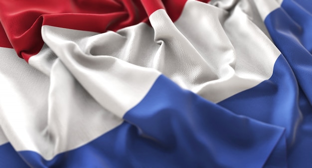 Netherlands flag ruffled beautifully waving macro close-up shot