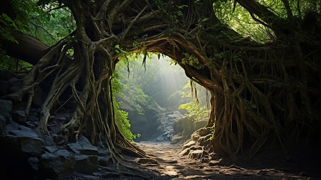 Foto gratuita una rete di antiche viti che formano ponti naturali tra gli alberi alti