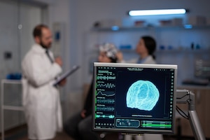 Neuroscience doctor holding clipboard showing treatment against brain disease to patient with eeg headset. woman sitting in neurological scientific laboratory treating nervous system dysfunctions.