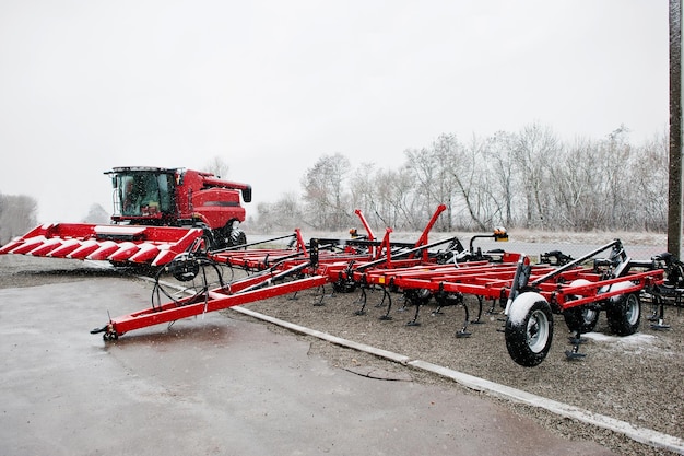 New red combine with harvester reaper and seeder