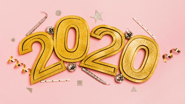 New year 2020 with christmas and new year eve ornaments