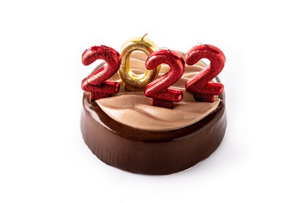 New year 2022 chocolate cake isolated on white background