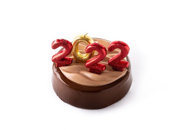 New year 2022 chocolate cake isolated on white background