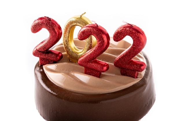 New year 2022 chocolate cake isolated on white background