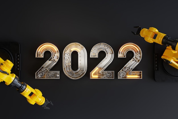 Foto gratuita nuovo anno 2022 realizzato con alfabeto meccanico con braccio robotico