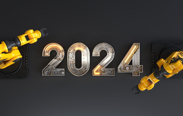 Бесплатный Фотография новый год 2024 сделан из механического алфавита с передачей